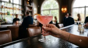 A close-up of a person holding a coupe glass filled with a pink cosmopolitan cocktail at a upscale lounge.