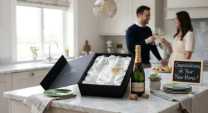A thoughtful housewarming champagne flutes gift set paired with a bottle of sparkling wine on a decorated kitchen island.