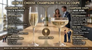 Comprehensive infographic summarizing champagne flutes vs coupe key differences, ideal uses, and wine serving recommendations.