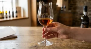 Illustration demonstrating how to properly hold a Madeira wine glass by the stem to preserve serving temperature.