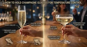 Guide illustration demonstrating how to properly hold champagne flutes vs coupe glasses by the stem to keep wine chilled.