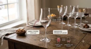 Diagram depicting the ideal fill line for small pours in specialized port wine glasses.