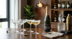 A luxury barware display featuring sophisticated champagne coupe glasses next to a premium bottle of champagne.