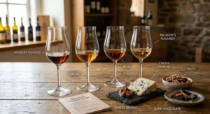 A beginner Madeira wine glass set arranged alongside artisanal cheese, toasted nuts, and dark chocolate pairings.