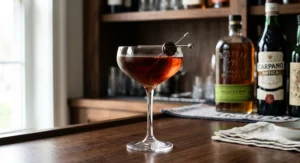 A classic Manhattan cocktail served in a sleek coupe glass, garnished with a brandied cherry on a pick.