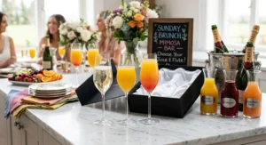 A colorful Sunday brunch mimosa bar setup featuring a four-pack champagne flutes gift set filled with sparkling wine and orange juice.