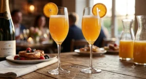 Colorful illustration of brunch mimosa cocktails served in tall glass flutes with orange slice garnishes.