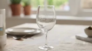 A pair of modern, rimless pinot grigio glasses resting on a wooden wine bar.