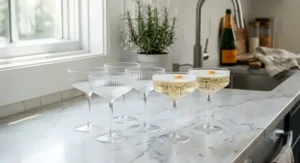 A modern set of ribbed champagne coupe glasses arranged on a marble kitchen countertop.