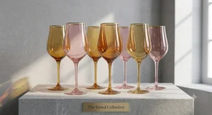 A contemporary illustration of amber and pink tinted tulip champagne glasses catching the light.