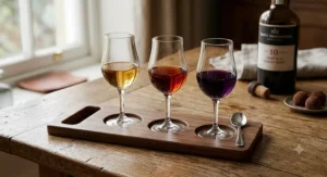 Wooden serving tray displaying three port wine glasses for small pours during a dessert wine tasting flight.
