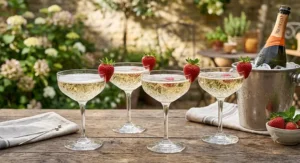 Vintage-style crystal coupe glasses filled with prosecco and garnished with fresh strawberries.