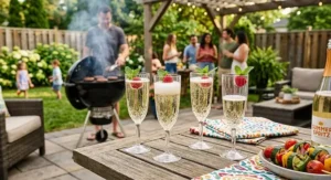Durable shatterproof plastic prosecco glasses arranged on a patio table for a backyard summer barbecue.