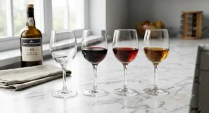Set of four 4-ounce port wine glasses designed for small pours arranged on a marble kitchen countertop.