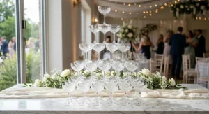 A decorative pyramid stack of empty crystal coupe glasses ready for a champagne tower at a wedding reception.