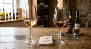 Side-by-side comparison of a standard white wine glass and a dedicated Madeira wine glass for beginners.