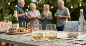 Pair of durable stemless glasses filled with sparkling Cava at an outdoor gathering.