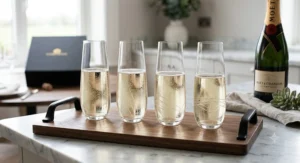 A modern four-piece stemless champagne flutes gift set arranged neatly on a contemporary wooden serving tray.