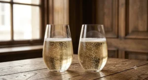 Modern stemless sparkling wine glasses with sparkling Prosecco shown in a clean line art illustration.