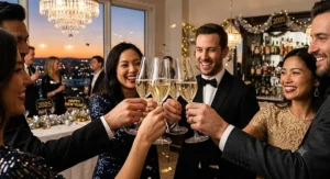 People raising a toast at a New Years Eve party using elegant glassware from a premium champagne flutes gift set.
