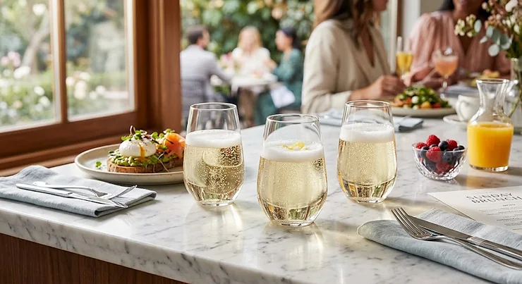 Modern stemless prosecco glasses sitting on a marble countertop at an upscale American brunch. best prosecco glasses