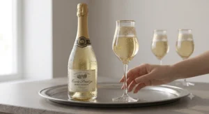 A festive vector illustration of a poured tulip champagne glass next to a chilled bottle of sparkling wine.