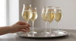 An illustration of several elegant tulip champagne glasses filled with sparkling wine on a silver serving tray.