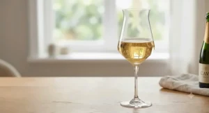 A crystal tulip glass filled with Spanish Cava showing continuous bubble streams.
