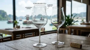 Close up diagram highlighting the flared rim and wide bowl of a tulip white wine glass to show how it traps delicate fruit aromas.