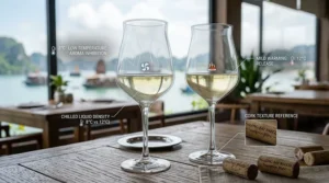 Technical illustration showing how the shape of tulip white wine glasses directs alcohol vapors away while channeling floral notes to the nose.