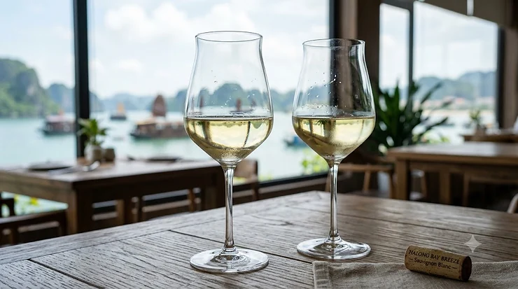 A pair of elegant crystal tulip white wine glasses filled with crisp white wine resting on a rustic wooden table during sunset.