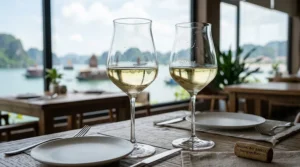 A modern dinner table arrangement featuring premium tulip white wine glasses alongside white porcelain plates and linen napkins.