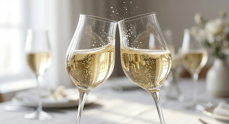 A stylized illustration of two tulip champagne glasses clinking in a celebratory toast with sparkling bubbles.