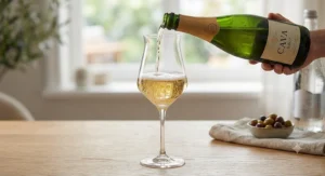 Standard white wine glass pouring chilled Cava to preserve aromatic complexity.