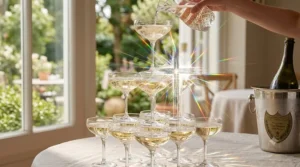 A festive champagne tower built using vintage coupe glasses with sparkling wine pouring down the tiered layers.