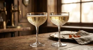 Illustration of vintage coupe sparkling wine glasses featuring effervescent bubbles and a gold rim.