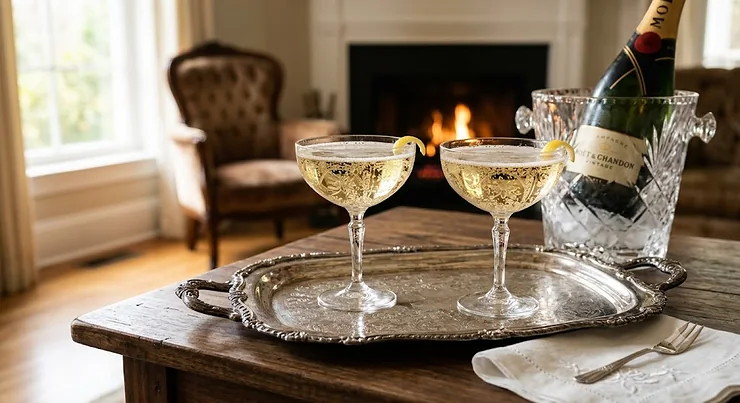 A pair of vintage crystal champagne coupe glasses filled with sparkling wine on a silver serving tray.