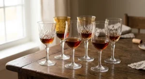 Elegant vintage port wine glasses arranged for a wine tasting featuring small two-ounce pours.