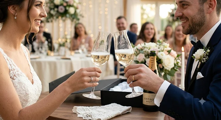 A bride and groom clinking personalized champagne flutes from a wedding gift set during a reception toast.