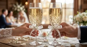 Bride and groom wedding toast featuring twin elegant sparkling wine glasses adorned with white ribbon accents.