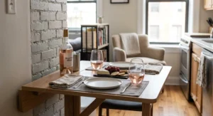 Affordable stemless rosé wine glasses set for two on a studio apartment foldable dining table.