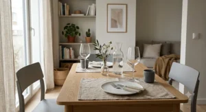 Minimalist dining table setup for two in a small apartment featuring an all-purpose wine glass set.