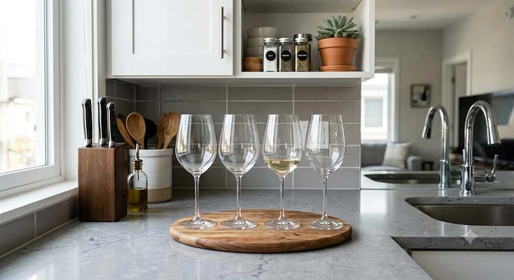 Four-piece all-purpose wine glass set neatly arranged on a compact small apartment kitchen counter. all-purpose wine glass set for small apartments