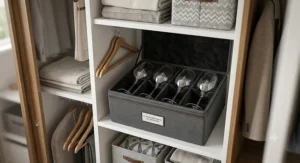 Padded storage box holding an all-purpose wine glass set tucked neatly inside a small apartment closet.