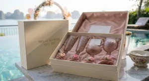Four-piece rosé wine glass set presented in an elegant gift box ready for a bridal shower present.