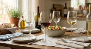 A set of durable universal wine glasses under $30 styled on a casual dining table.