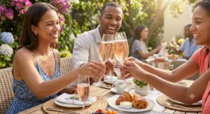 Friends toasting with sparkling rosé glasses at an outdoor weekend brunch.
