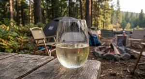 Close-up of a crystal-clear Tritan plastic shatterproof stemless wine glass filled with chilled white wine outdoors