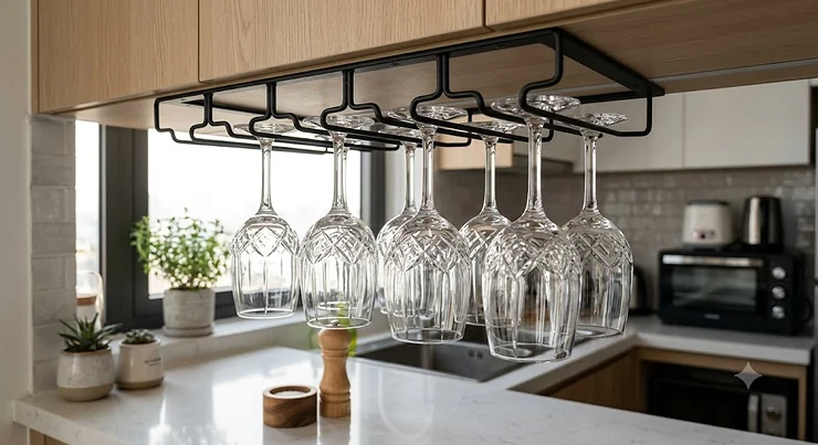 Sparkling crystal wine glasses hanging from a black metal under-cabinet storage rack in a modern small apartment kitchen. crystal wine glasses for small space kitchens