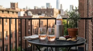 Pair of compact rosé wine glasses sitting beside a chilled bottle on a small apartment balcony bistro table.